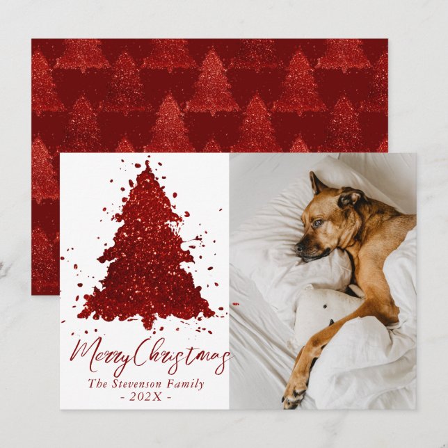 Classic Merry Christmas | Rich Crimson Tree Photo Holiday Card (Front/Back)