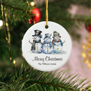 Classic Merry Christmas Watercolor Snowman Ceramic Ornament