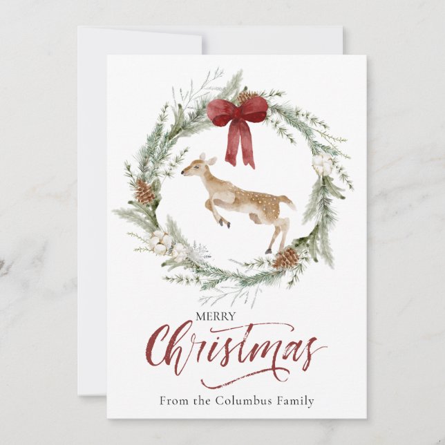 Classic Merry Christmas Winter Animal Wreath Photo Holiday Card (Front)