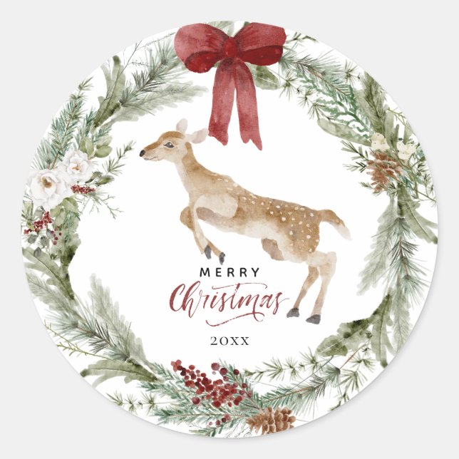 Classic Merry Christmas Winter Holiday Wreath Classic Round Sticker (Front)