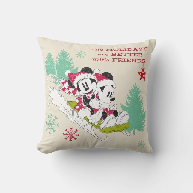 Classic Mickey and Minnie | Snow Sledding Throw Pillow (Front)