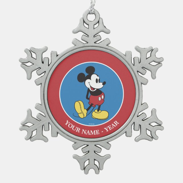 Classic Mickey Mouse | Add Your Name Snowflake Pewter Christmas Ornament (Front)