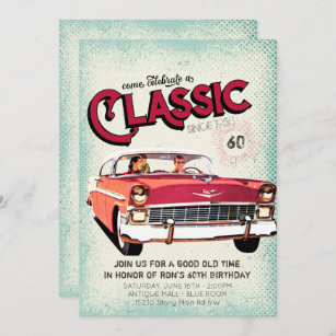 Classic Mid Century Car   Vintage 60th Birthday Invitation