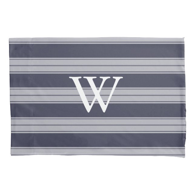 Classic Midnight Grey & Grey Stripes White Initial Pillowcase (Front)