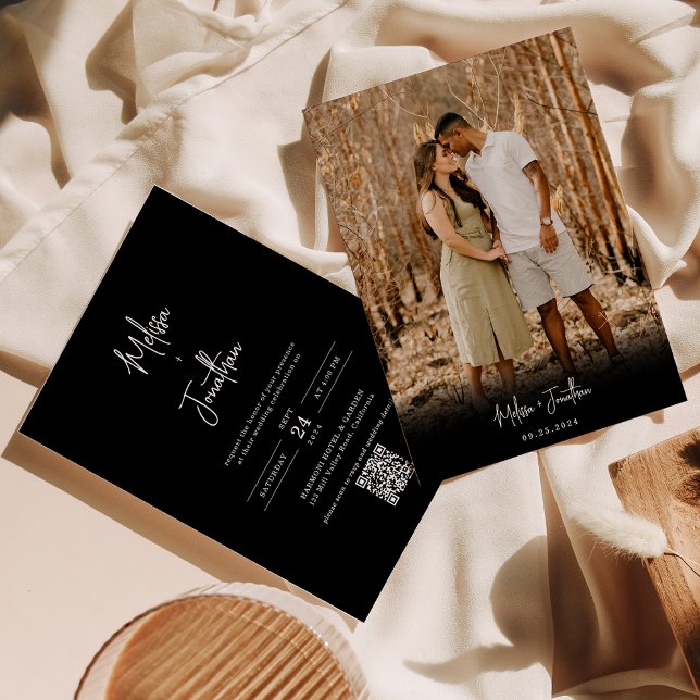 Classic Minimal Black Photo Script QR Code Wedding Invitation (Creator Uploaded)