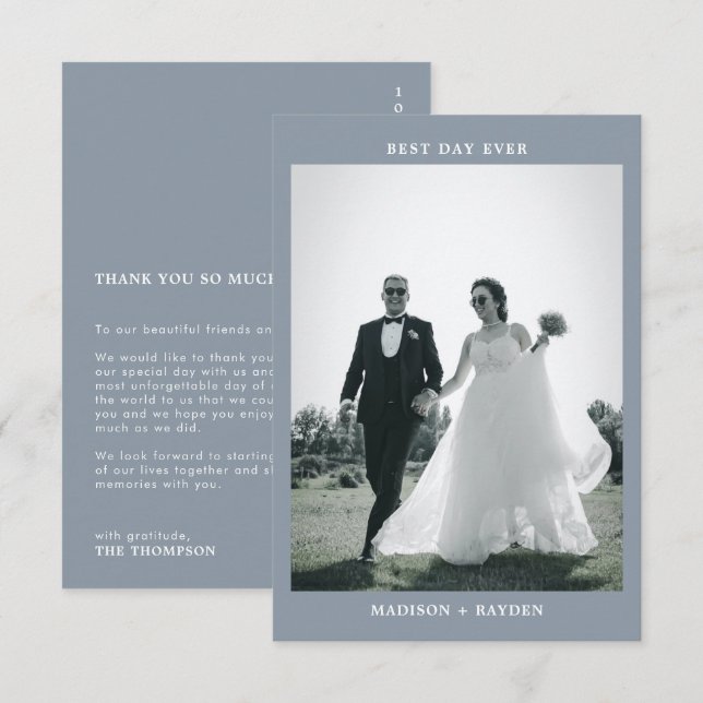 Classic Minimal Dusty Blue Photo Wedding Thank You Card (Front/Back)
