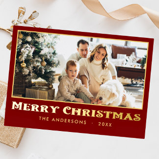 Classic Minimal Family Photo Christmas Red Foil Holiday Card