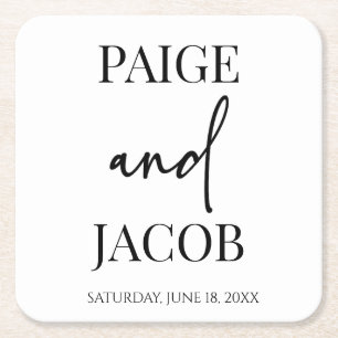 Classic Minimal Minimalist Custom Names Wedding Square Paper Coaster