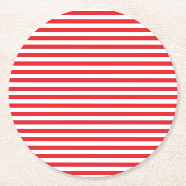 Classic Minimal Modern Red and White Striped Round Paper Coaster (Front)