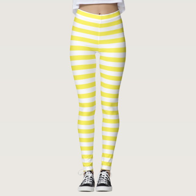Classic Minimal Modern Yellow and White Striped  Leggings (Front)