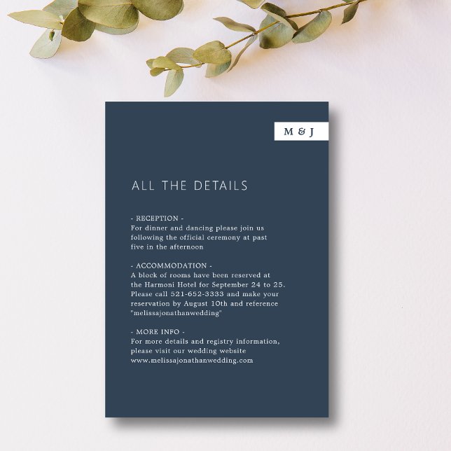 Classic Minimal Navy Blue Monogram Wedding Details Enclosure Card (Creator Uploaded)
