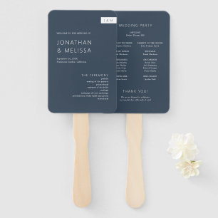 Classic Minimal Navy Blue Monogram Wedding Program Hand Fan