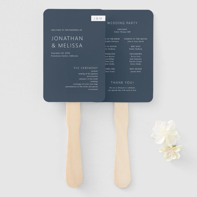 Classic Minimal Navy Blue Monogram Wedding Program Hand Fan (Front and Back)