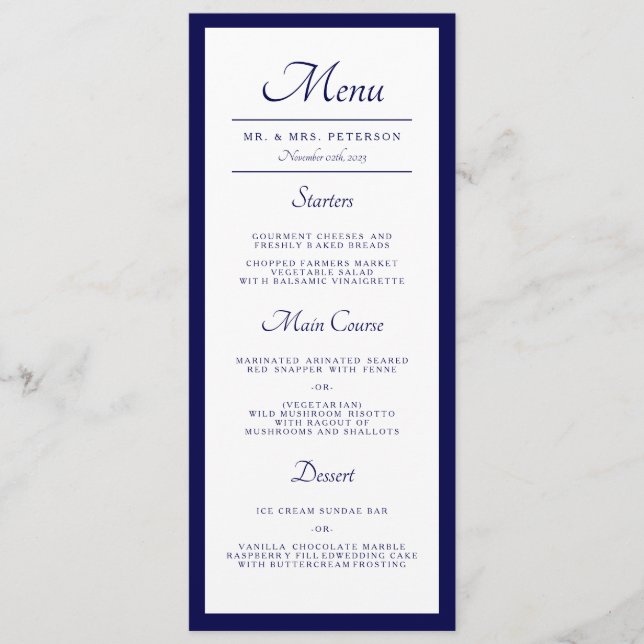 Classic Minimal Navy Blue Wedding Dinner  Menu (Front)