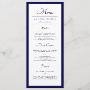 Classic Minimal Navy Blue Wedding Dinner Menu