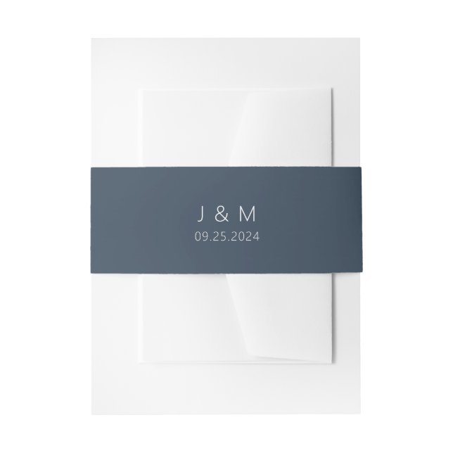 Classic Minimal Navy Blue & White Monogram Wedding Invitation Belly Band (Front Example)