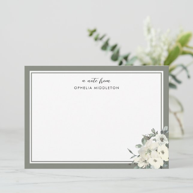 Classic Minimal Olive Green Border Floral  Card (Standing Front)