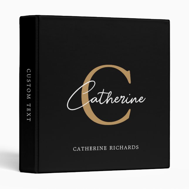 Classic Minimalist Black and Gold Monogram Binder (Front/Spine)