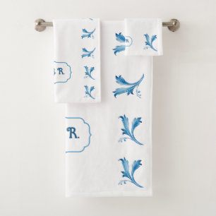 Classic Minimalist Blue Tile Leaf Ornaments Bath Towel Set