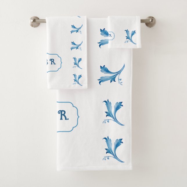 Classic Minimalist Blue Tile Leaf Ornaments  Bath Towel Set (Insitu)