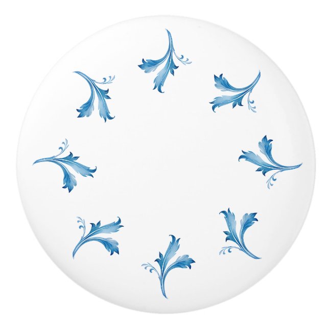 Classic Minimalist Blue Tile Leaf Ornaments Ceramic Knob (Front)