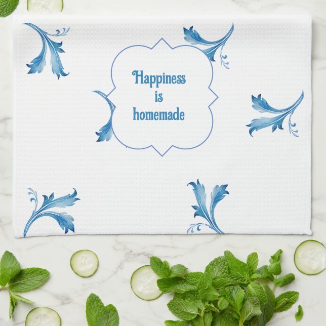 Classic Minimalist Blue Tile Leaf Ornaments  Kitchen Towel (Folded)