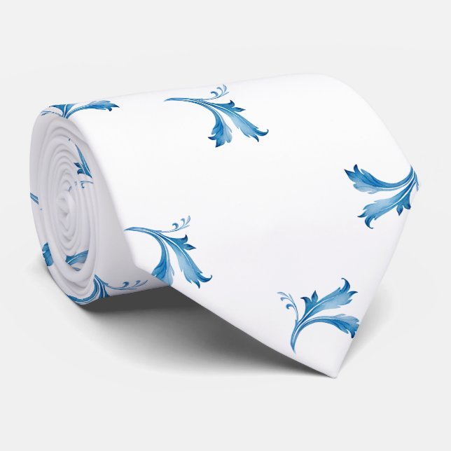 Classic Minimalist Blue Tile Leaf Ornaments Tie (Rolled)
