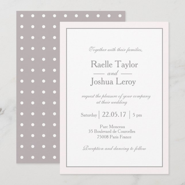 Classic minimalist blush pink white grey wedding invitation (Front/Back)