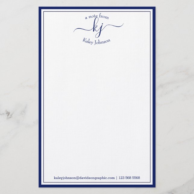 Classic Minimalist Monogram Script Navy Frame Stationery (Front)