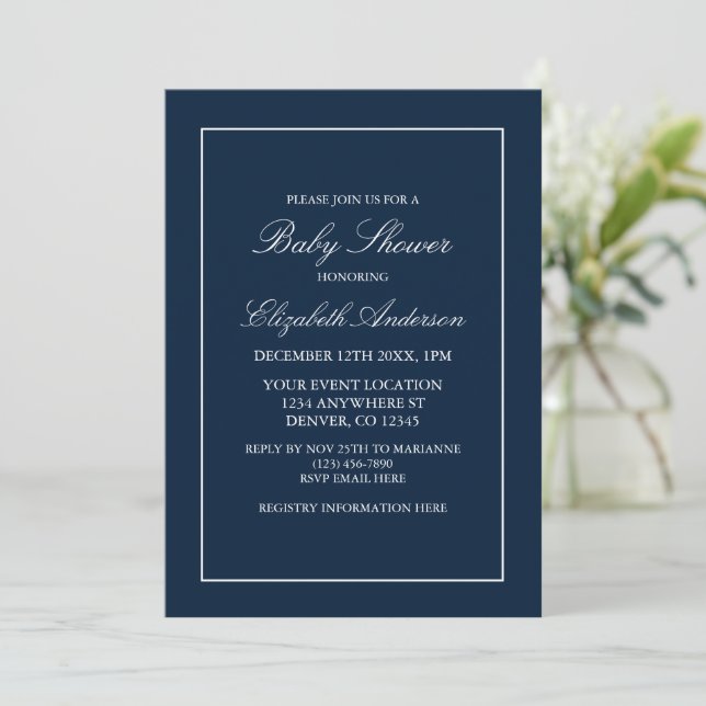 Classic Minimalist Navy Blue Baby Shower Invitation (Standing Front)