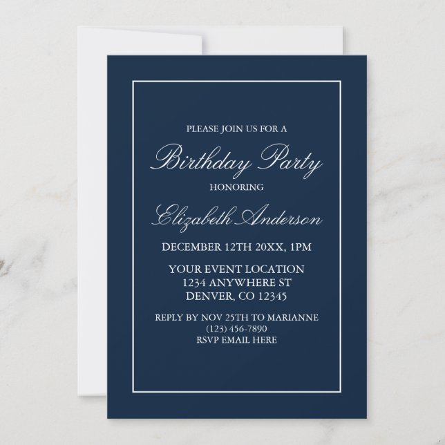 Classic Minimalist Navy Blue Birthday Invitation (Front)