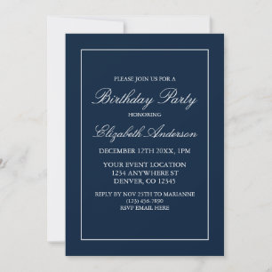 Classic Minimalist Navy Blue Birthday Invitation
