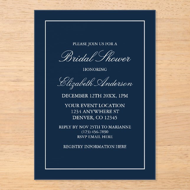 Classic Minimalist Navy Blue Bridal Shower Acrylic Invitations (Front)