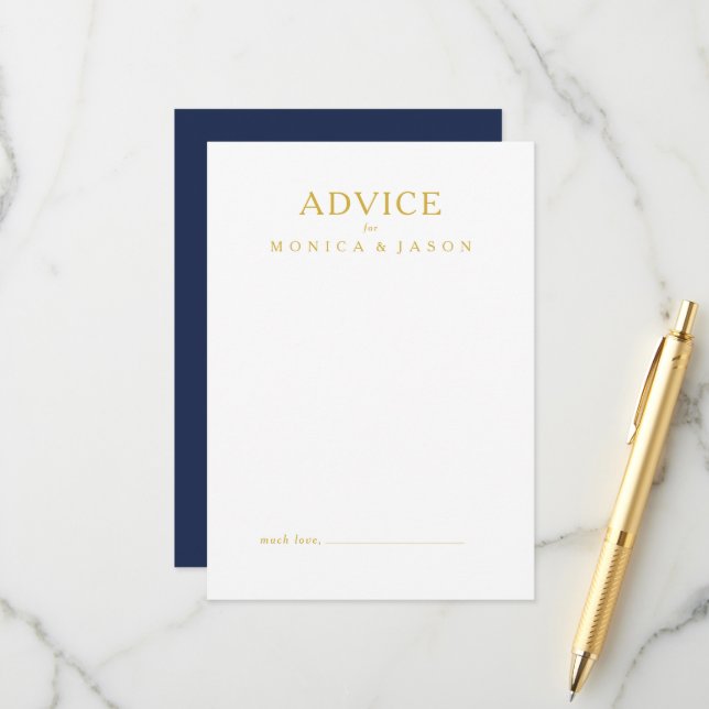 Classic Minimalist Navy Blue | Gold Wedding Advice Card (Front/Back In Situ)