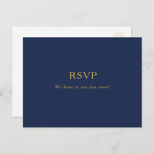Classic Minimalist Navy Blue | Gold Wedding RSVP Postcard (Front/Back)