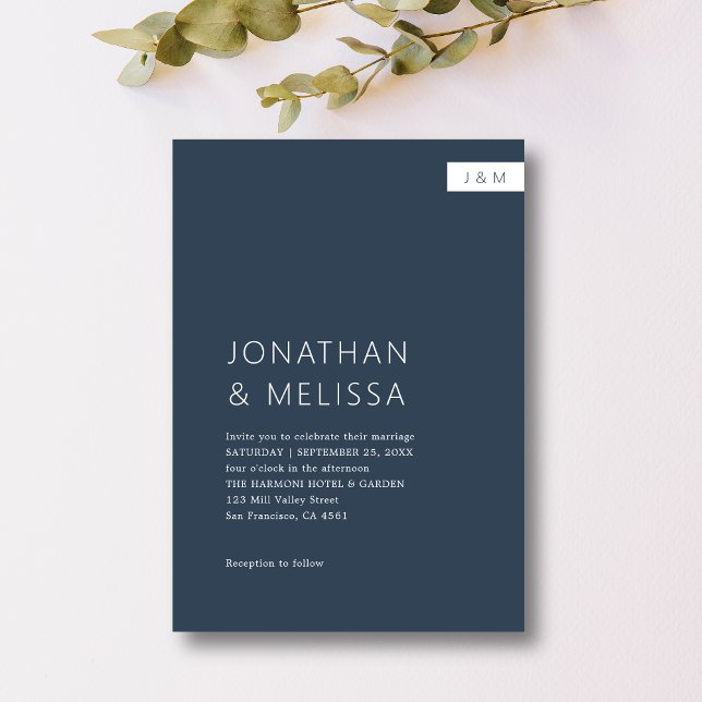Classic Minimalist Navy Blue Monogram Wedding Invitation (Creator Uploaded)