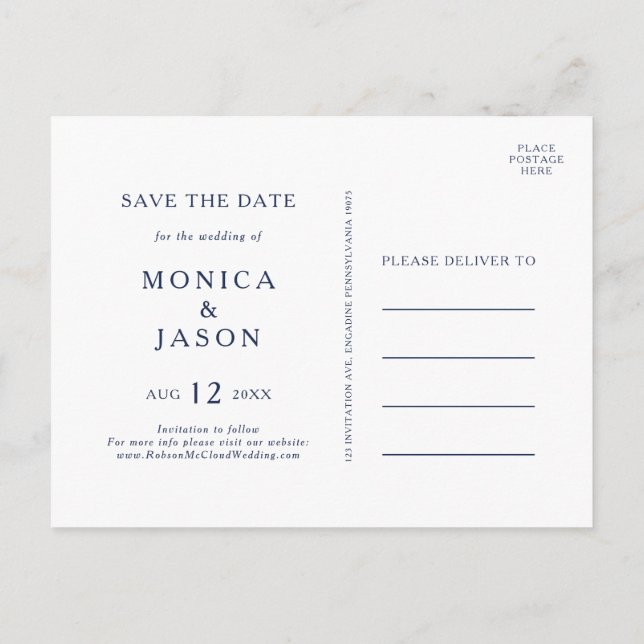 Classic Minimalist Navy Blue Silver Save The Date Invitation Postcard (Back)