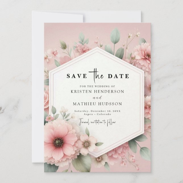 Classic Minimalist Pink Floral Wedding Save The Date (Front)