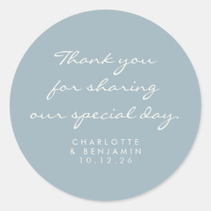 Classic Minimalist Script Blue Thank You Wedding Classic Round Sticker