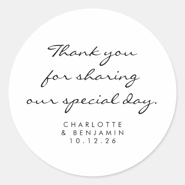 Classic Minimalist Script White Thank You Wedding Classic Round Sticker (Front)