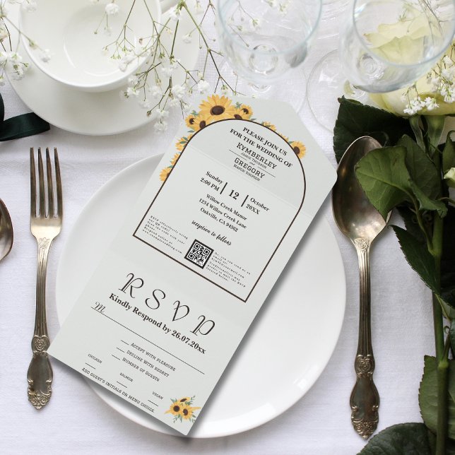 Classic Minimalist Sunflower Arch Green QR Code All In One Invitation (Creator Uploaded)