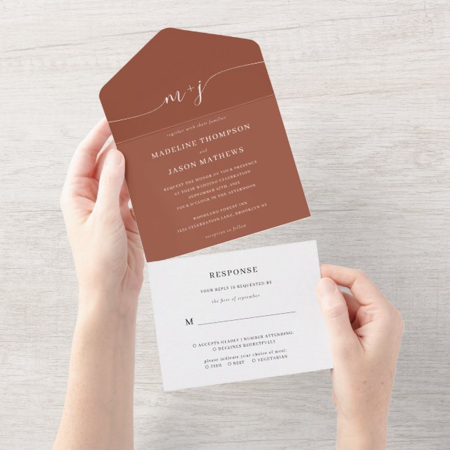 Classic Minimalist Terracotta Monogram Wedding All In One Invitation (Tearaway)