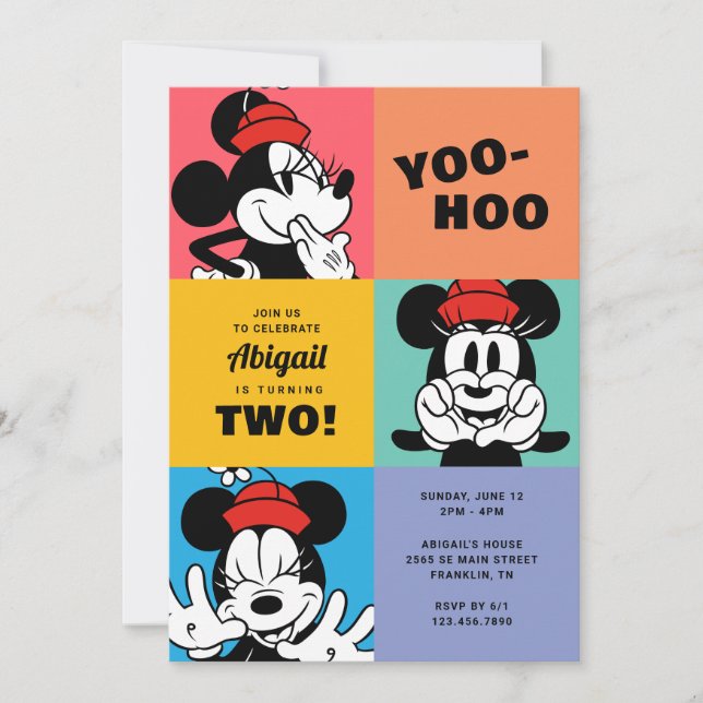 Classic Minnie Mouse Colour Block Rainbow Birthday Invitation (Front)