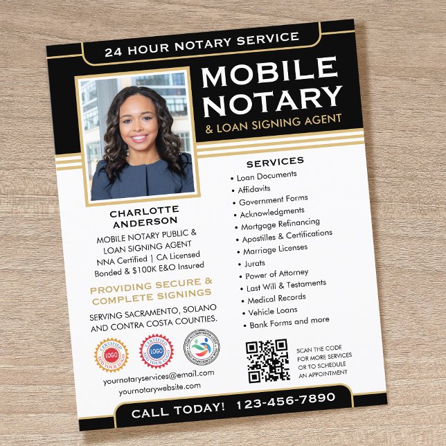 Classic Mobile Notary Public QR Code Black Gold Flyer (Creator Uploaded)
