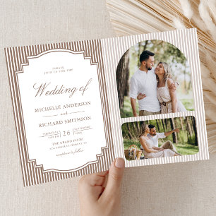 Classic Mocha Brown Striped Photo QR Code Wedding Invitation