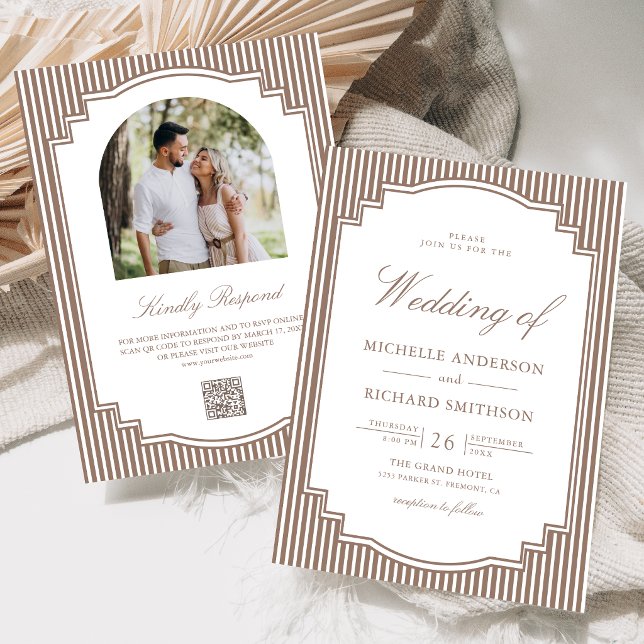 Classic Mocha Brown Striped Photo QR Code Wedding Invitation (Creator Uploaded)