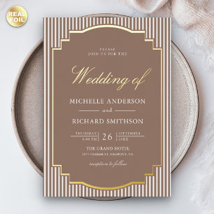 Classic Mocha Brown Striped Photo Wedding Gold