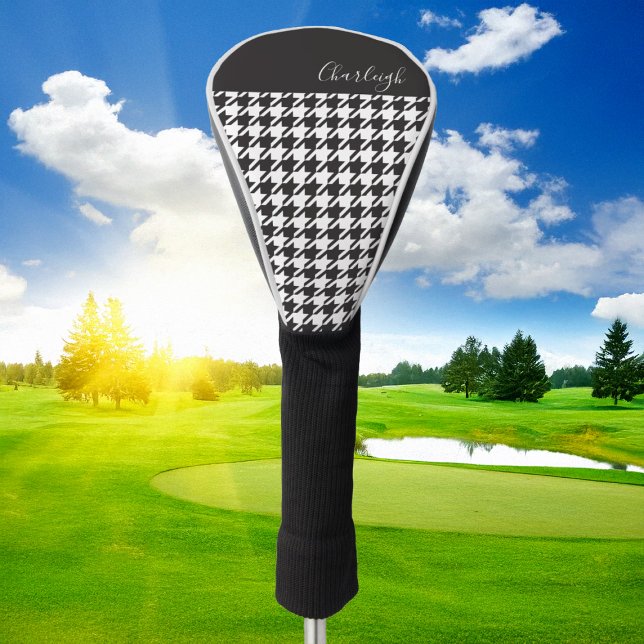 Classic Modern Black and White Houndstooth Golf Head Cover (Creator Uploaded)
