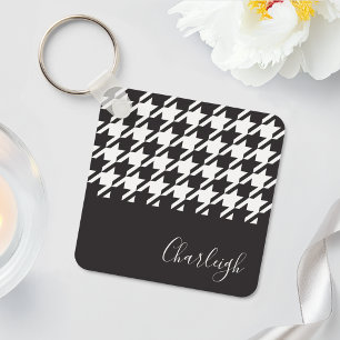 Classic Modern Black and White Houndstooth Name Keychain