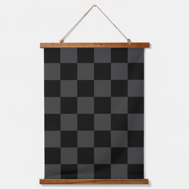 Classic Modern Black & Smoky Black Chequerboard  Hanging Tapestry (Front)